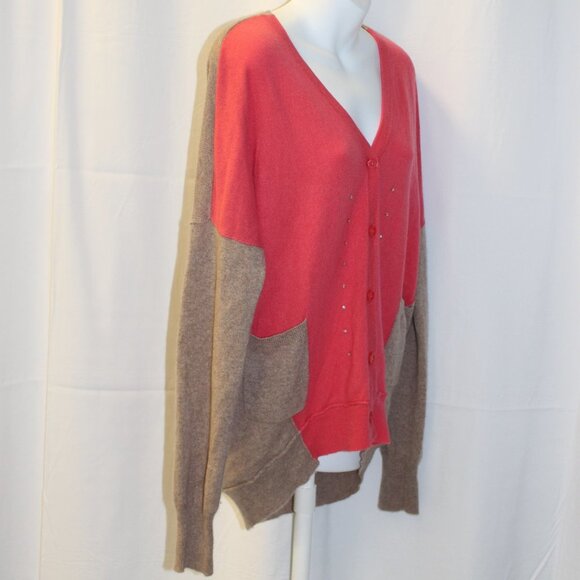 Garnet Hill Women’s Colorblock Cashmere Cardigan Size Medium Coral Pink and tan - Picture 7 of 16